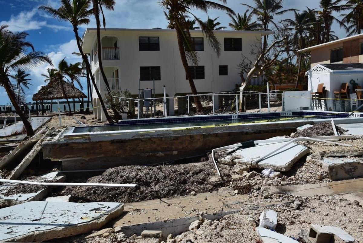 The pool at Pines & Palms Islamorada Resort. Strong winds and storm surge from Hurricane Irma severely damaged oceanside properties in Islamorada.
