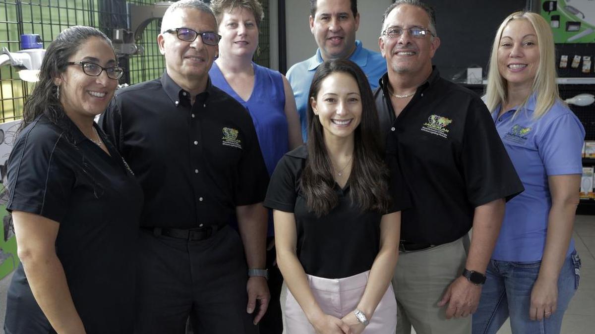 From left: Michelle Leon, Joseph deMartino, Jr., Jeanette Ballesteros, Erica deMartino, Randolph Hernandez, Gary deMartino, Rosy Elias pictured at the Jademar Corp.’s headquarters in Miami.