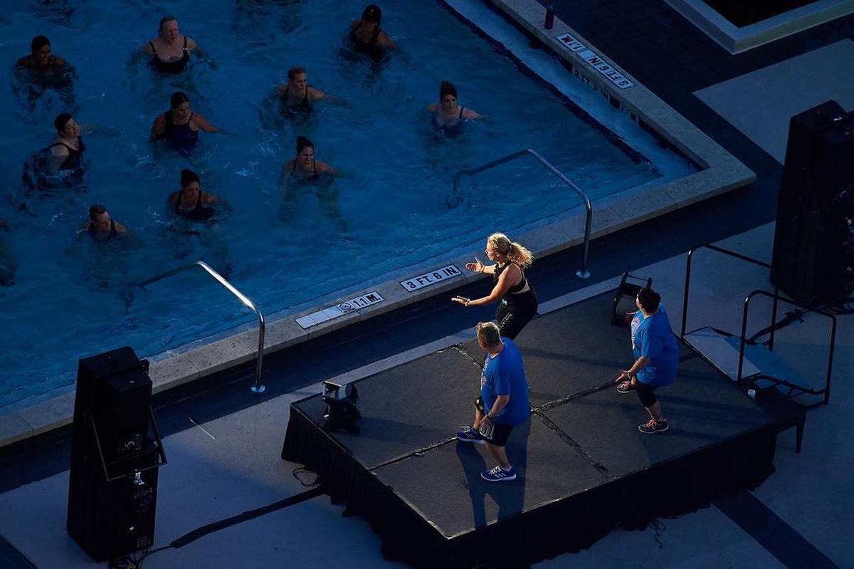 Aqua Zumba class at ZINCon. Over the years, Zumba has expanded its class formats, adding Aqua Zumba as well as Zumba Gold for seniors, Zumba Kids, and Zumba Senteo (chair Zumba), to name a few.