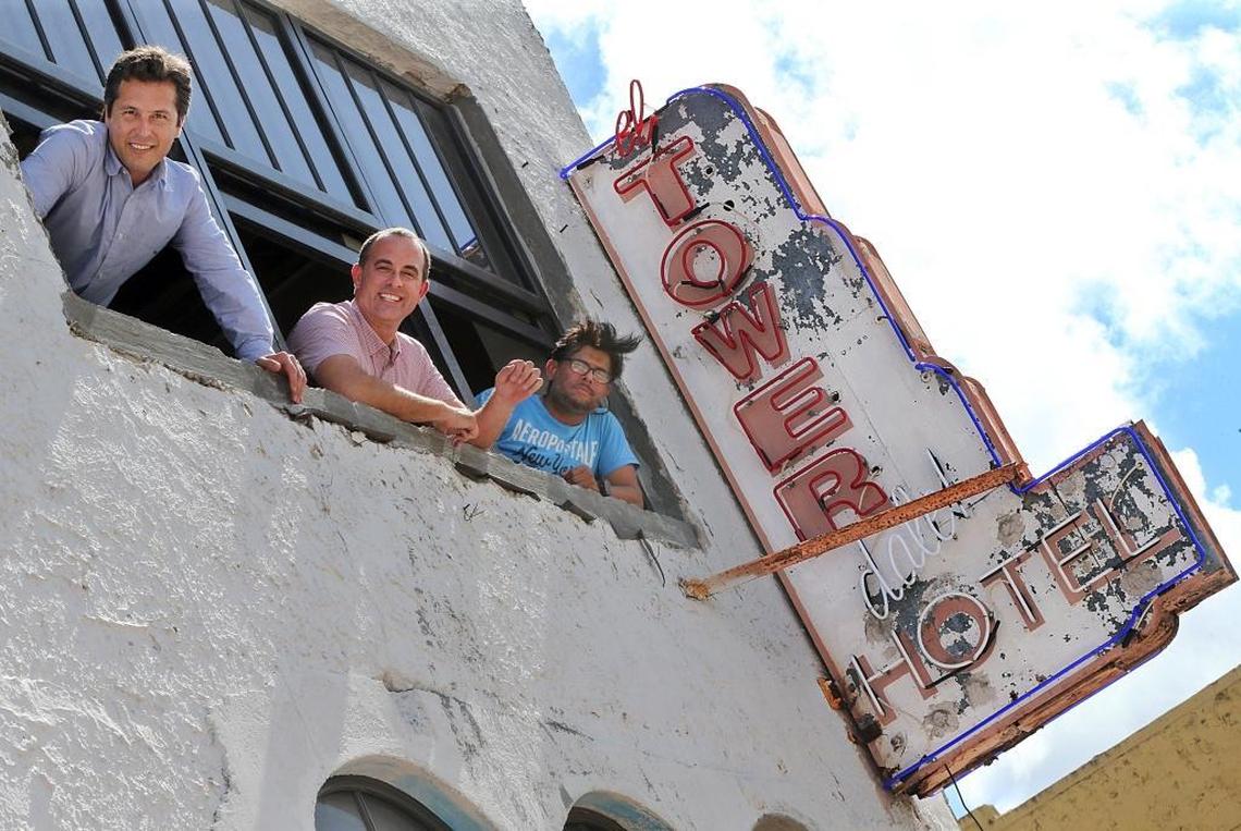 Tower Hotel owners, from left, Martin Pinilla and Bill Fuller of the Barlington Group with playwright Juan C. Sanchez before the opening of Miami Motel Stories, which played at the hotel in October and November.