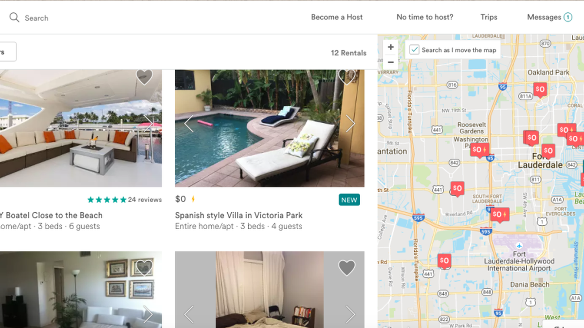 A screen grab of Airbnb's site show multiple free rentals that are part of the home-sharing platform's Disaster Response Tool that aids displaced travelers impacted by the shooting at Fort Lauderdale-Hollywood International Airport.