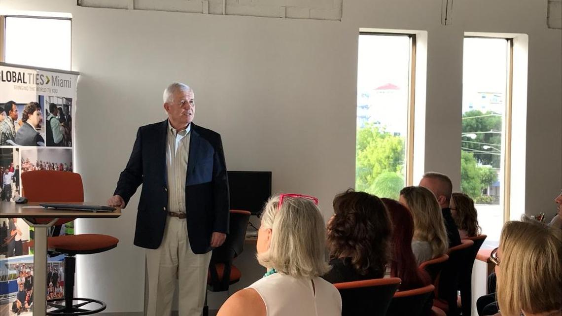 Robert Hacker, who teaches social entrepreneurship courses at FIU’s Honors College and MIT’s Sloan School, speaks about social entrepreneurship at a Global Ties Miami talk.