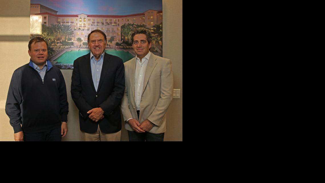 
(l-r) Harrison LeFrak, Vice Chairman and Managing Director of LeFrak, Richard LeFrak, Chairman and CEO of LeFrak, and Jeffrey Soffer, Turnberry Associates Chairman and CEO, gather at Fountainebleau Aviation located at the Opa-locka Executive Airport Monday March 9, 2015. (Harrison is the son of Richard LeFrank)
