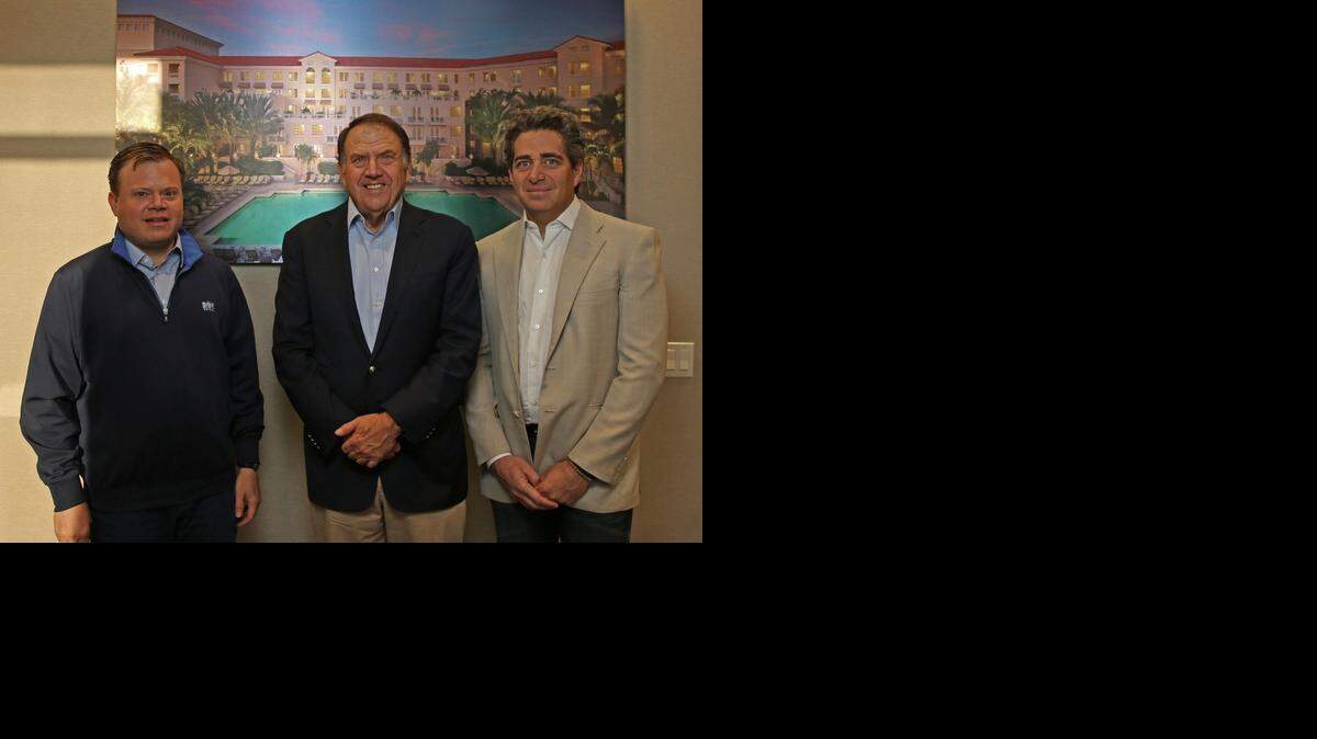 
(l-r) Harrison LeFrak, Vice Chairman and Managing Director of LeFrak, Richard LeFrak, Chairman and CEO of LeFrak, and Jeffrey Soffer, Turnberry Associates Chairman and CEO, gather at Fountainebleau Aviation located at the Opa-locka Executive Airport Monday March 9, 2015. (Harrison is the son of Richard LeFrank)
