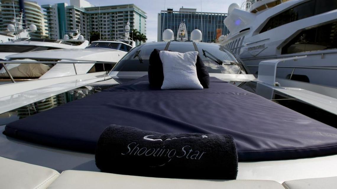 The lounge area on the front deck of the 124-foot Shooting Star Danish Yacht at the Miami Yacht Show in 2012.