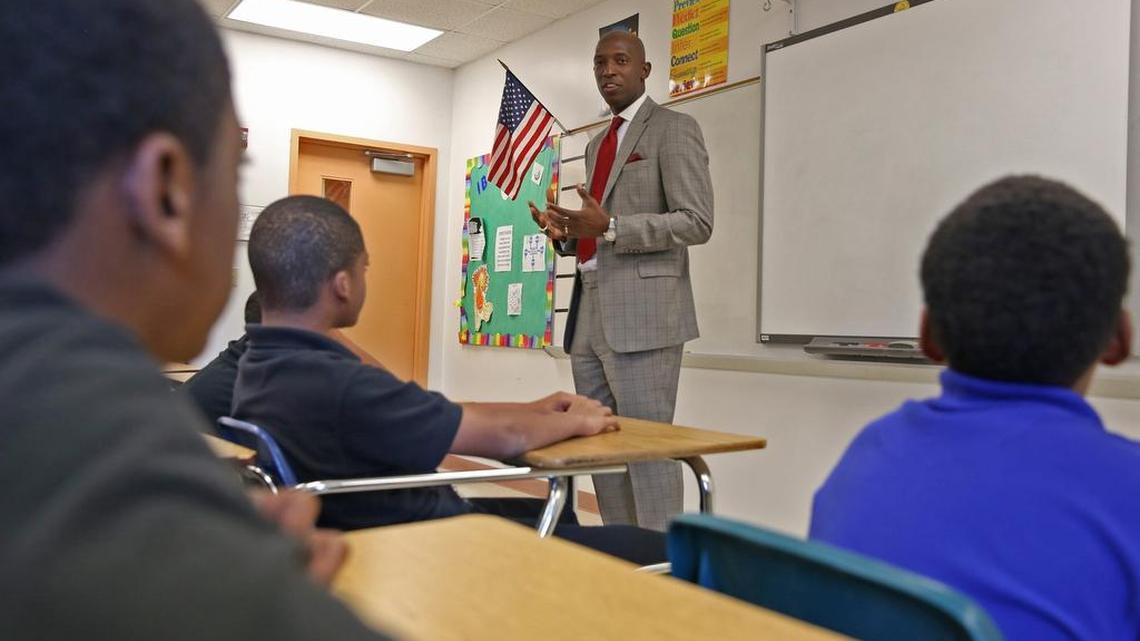 Wayne Messam, mayor of Miramar, speaks before the 100 Black Men program started at the Frank C. Martin Middle School on March 3. He spoke about “BOLD” — Blessed, Obligated, Leadership, and Dare to be great.