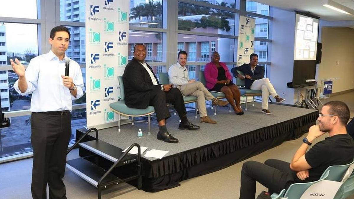 Last August, From left, Matt Haggman of the Knight Foundation, Jaret Davis of Greenberg Traurig, Ben Wirz of Knight Foundation, Felecia Hatcher of Code Fever and Leandro Finol of Miami Dade College’s Idea Center discuss ecosystem building with the audience and Oren Simanian (seated), head of Tel Aviv University’s entrepreneurship center. Simanian gave a talk about Israel;s tech ecosystem, and the two entrepreneurship centers formed a knowledge-sharing partnership. Photo by Cristian Lazzari, MDC Wolfson