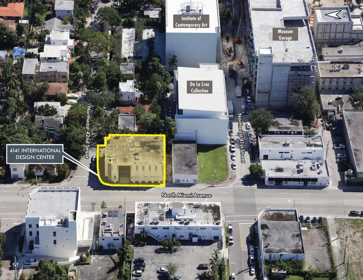 Aerial view of the three-story building at 4141 North Miami Ave. in the Design District currently on the market for $14.5 million. The seller is accepting cryptocurrency as payment, including Bitcoin.