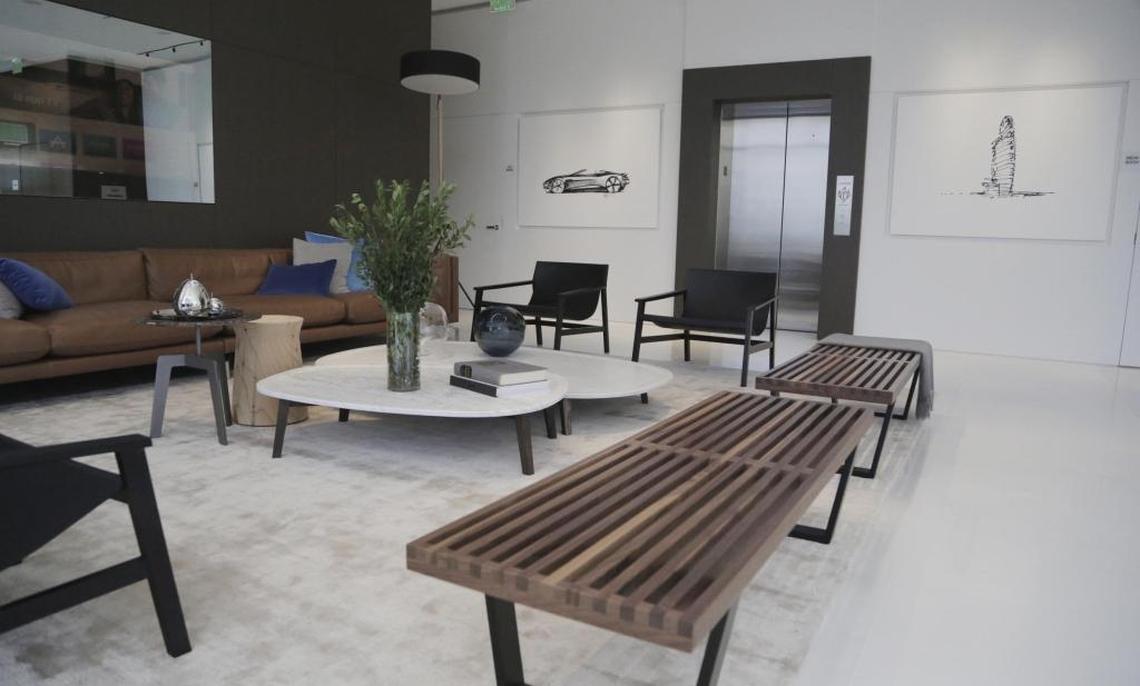 A living area inside the Aston Martin Residences sales center at 300 Biscayne Boulevard Way.