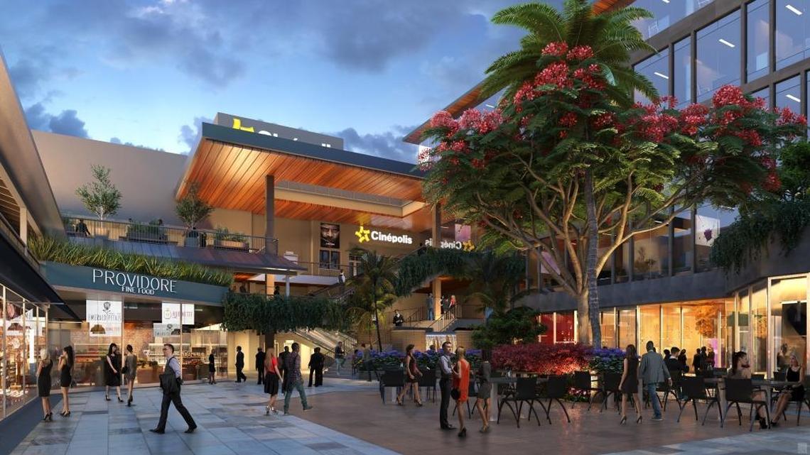 Architectural rendering of the open-air plaza at the redesigned CocoWalk in Coconut Grove.