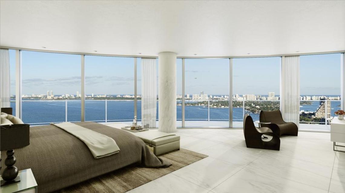Architectural rendering of the bedroom view from one of the penthouses at the Aria on the Bay luxury condo tower.