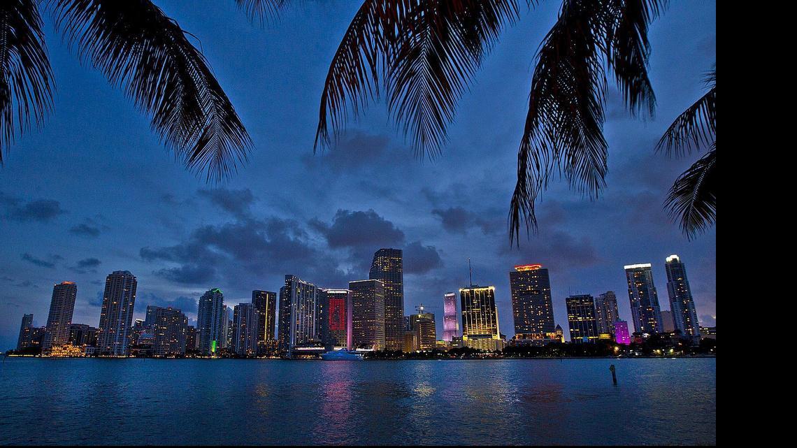
The city of Miami skyline seen from the Port of Miami.
