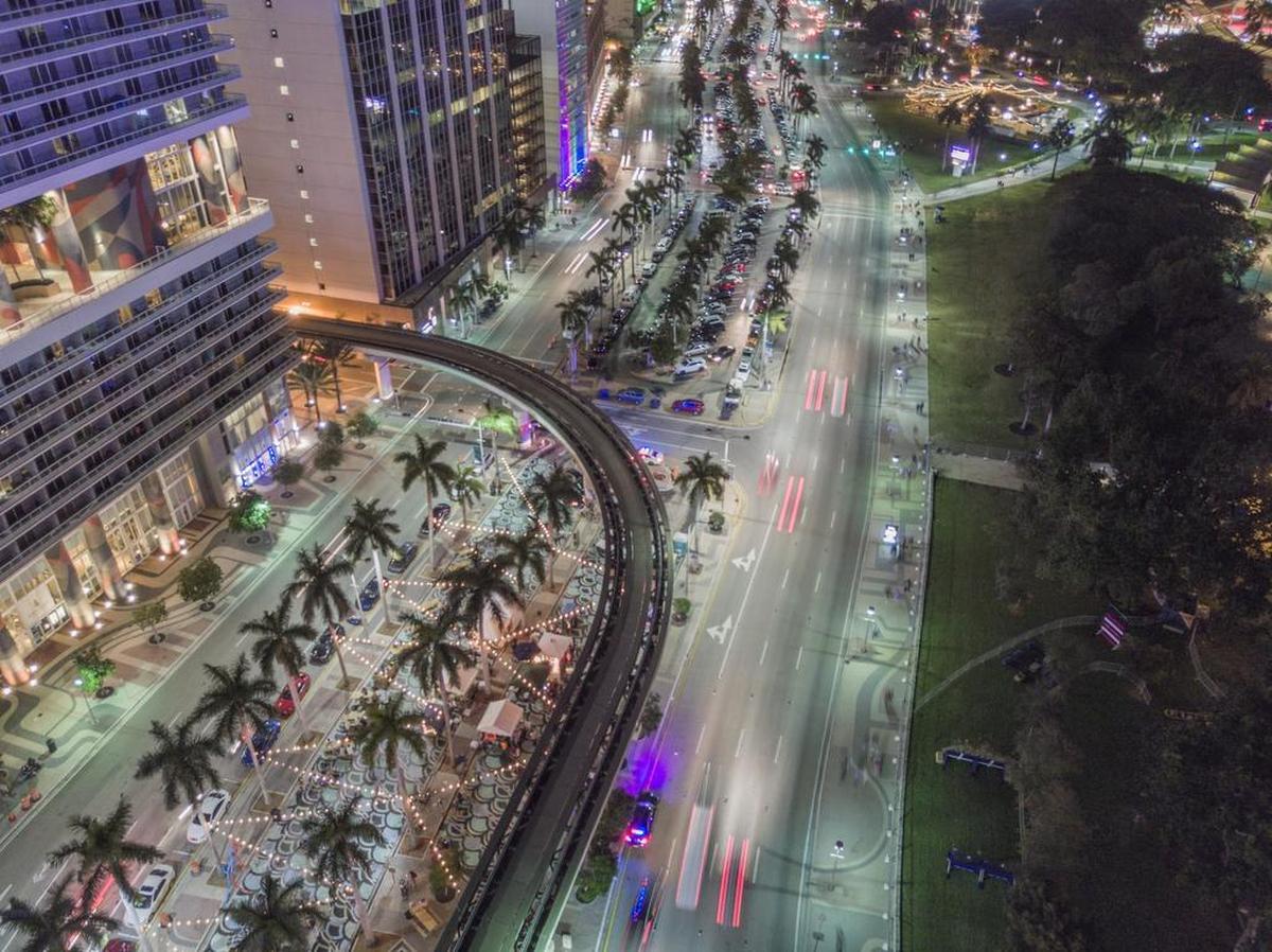 Aerial view of the Biscayne Green project, a month-long experiment conducted by the Miami Downtown Development Authority in January that replaced metered parking lots in medians along Biscayne Boulevard with pop-up art displays, concerts and entertainment.