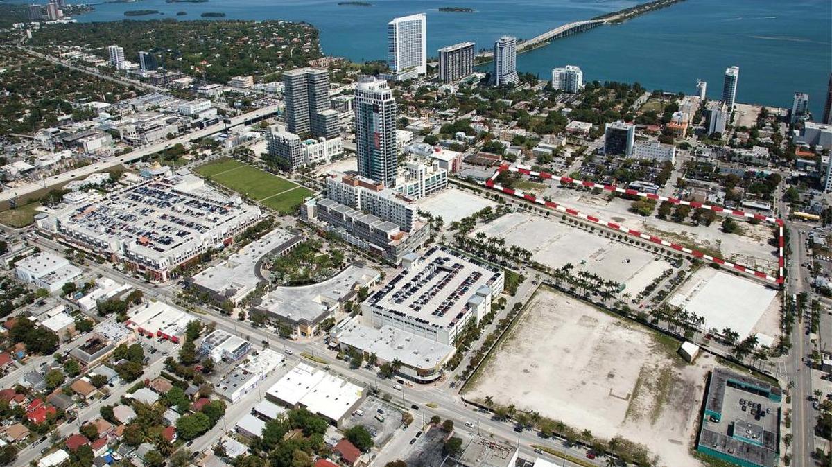 The 6.6-acre site in Midtown Miami that sold for $55 million Wednesday is outlined in white and red.