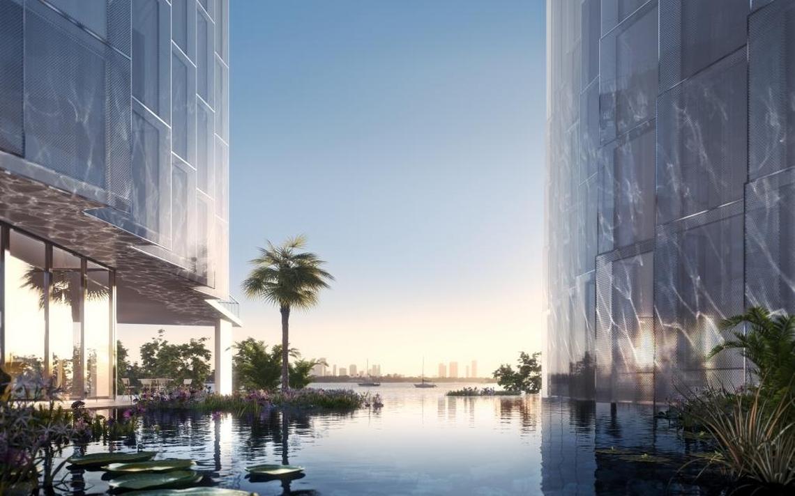 Architectural rendering of Monad Terrace shows the man-made lagoon that will occupy the space between the project’s two towers.