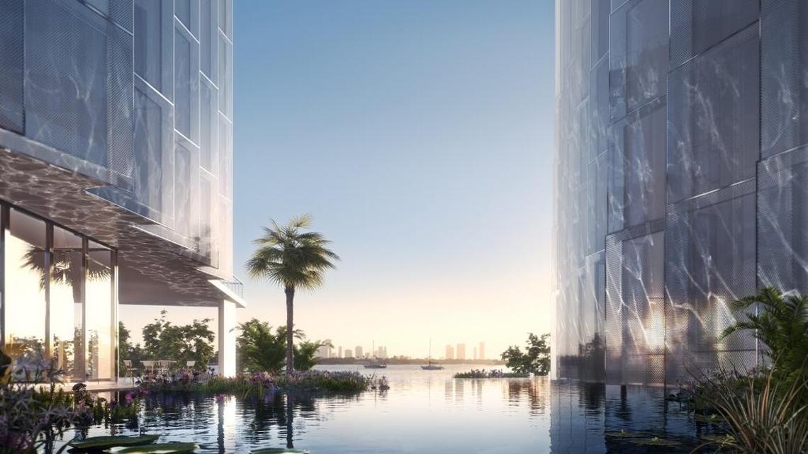Architectural rendering of Monad Terrace shows the man-made lagoon that will occupy the space between the project’s two towers.