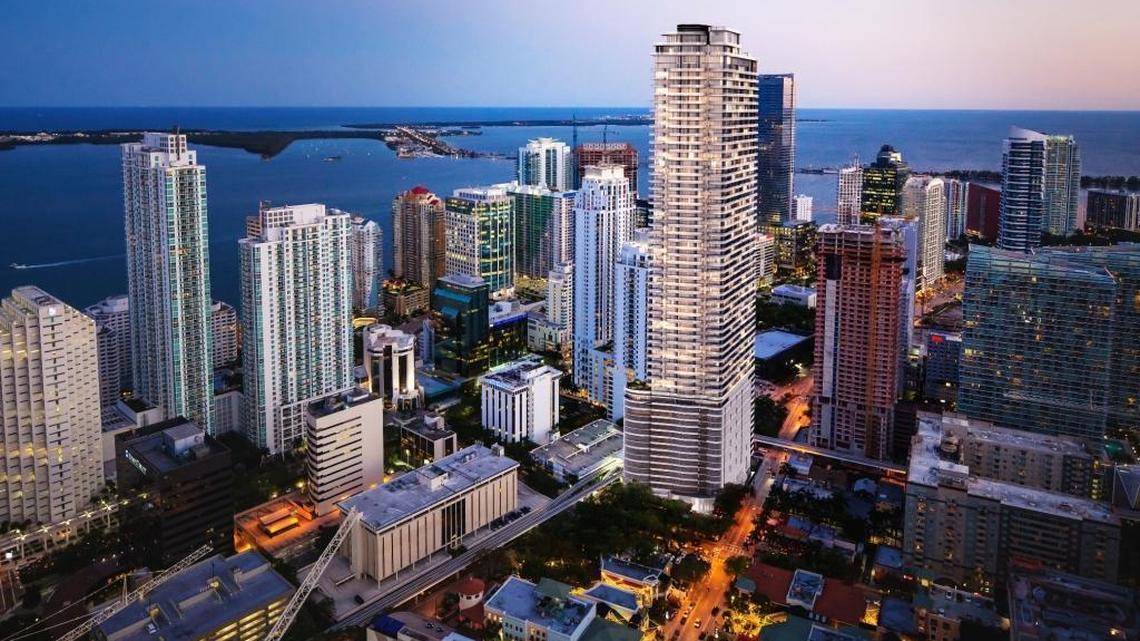 Aerial view of the Brickell Flatiron luxury condo tower, which is slated for completion in 2019. Three penthouses at the building priced at $1 million and above were purchased by New York residents in the first two weeks of January — an indicator that the new tax revisions could benefit Florida real estate.