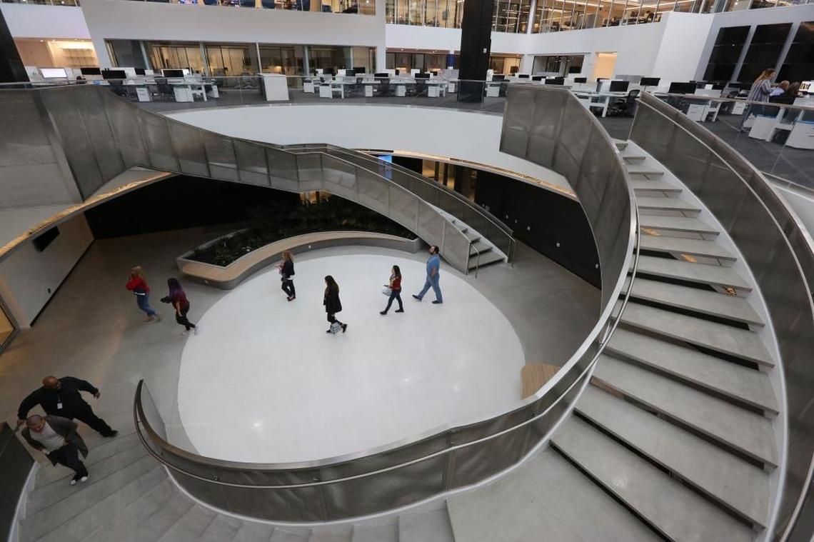 A winding staircase brings people up to the second floor newsroom inside the brand new Telemundo Center. The Spanish-language TV giant is inaugurating its new state-of-the-art, $250 million HQ building on Monday, April 9, 2018, that will bring all of the company’s various arms — corporate, news department, creative — under one giant roof.