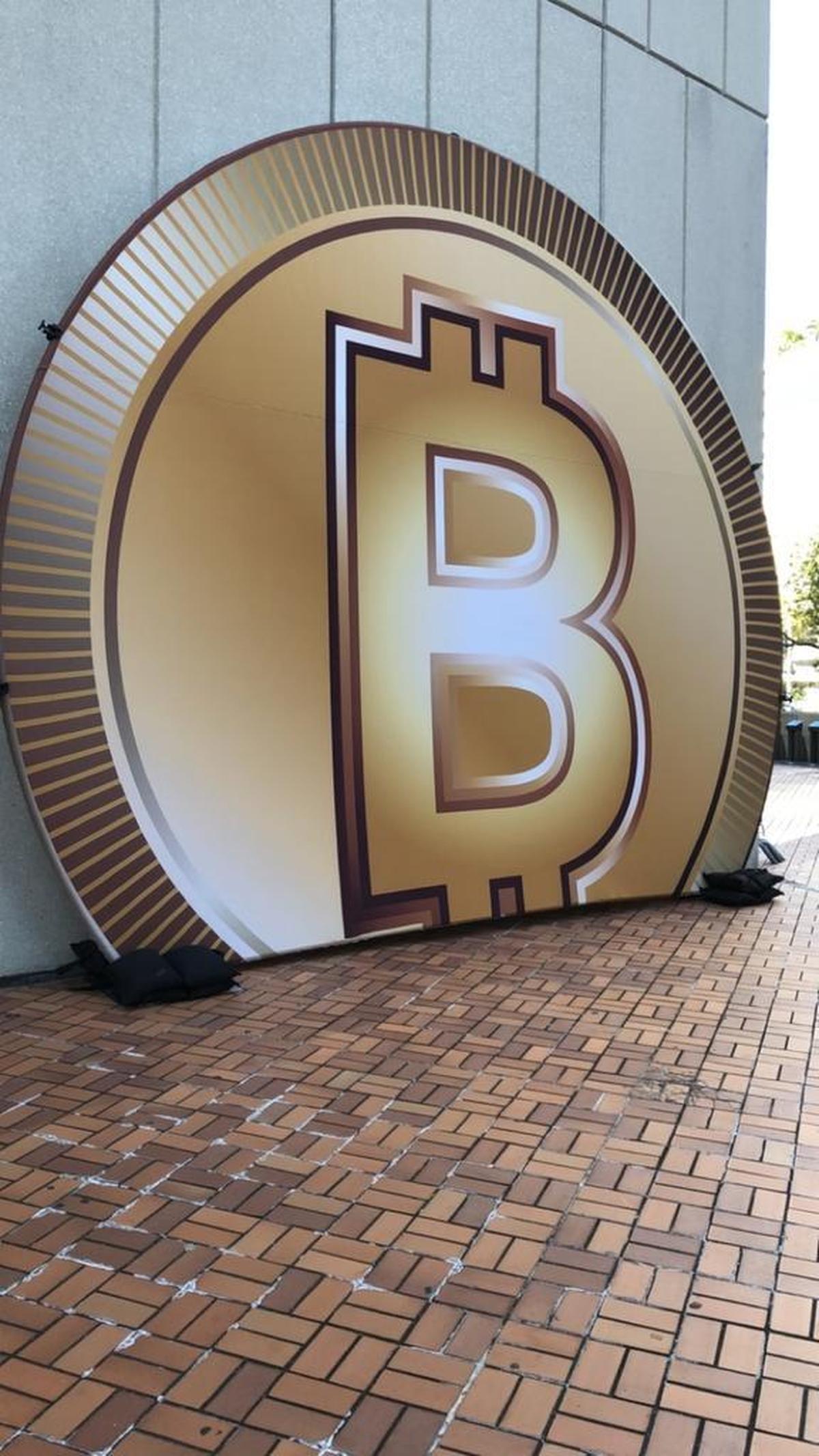 A giant Bitcoin logo welcomed visitors outside the James L. Knight Center during the North American Bitcoin Conference held Jan. 18-19, 2018.