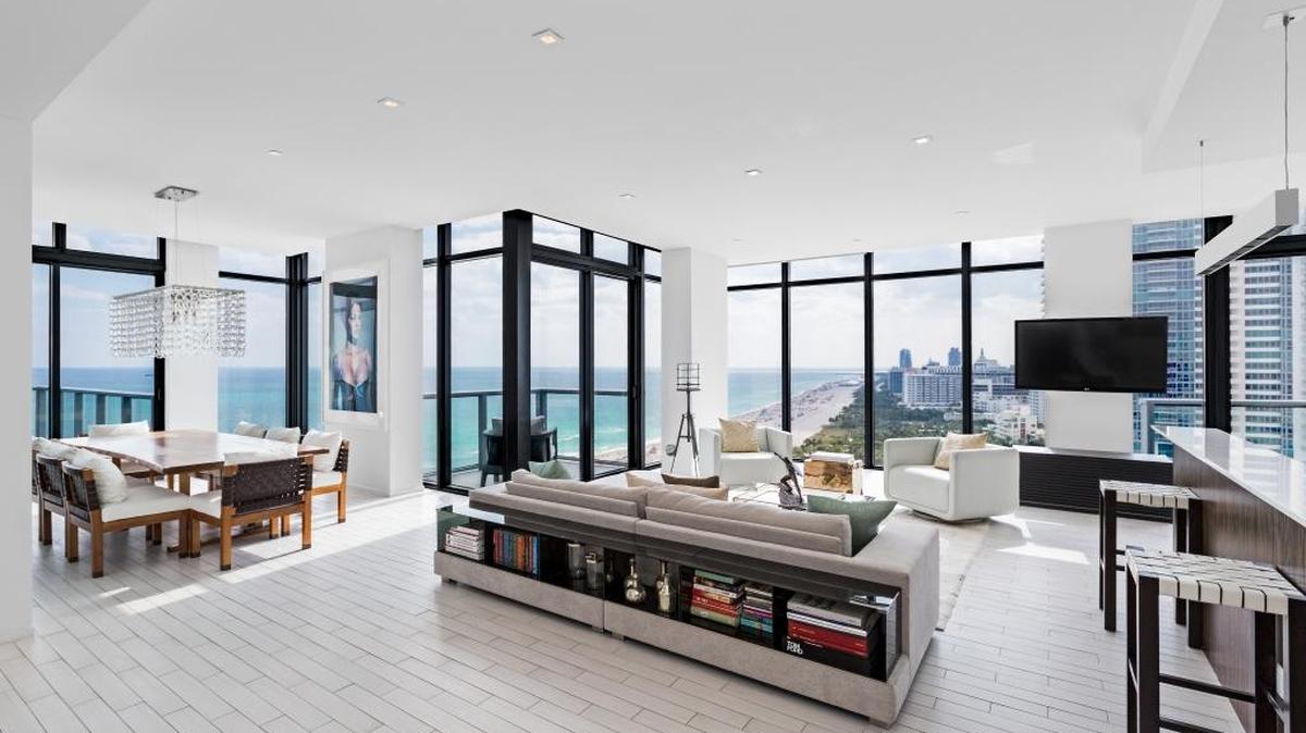 The living area inside the southeast corner penthouse at W Hotel and Residences on Miami Beach. The unit sold Monday for $10.2 million.