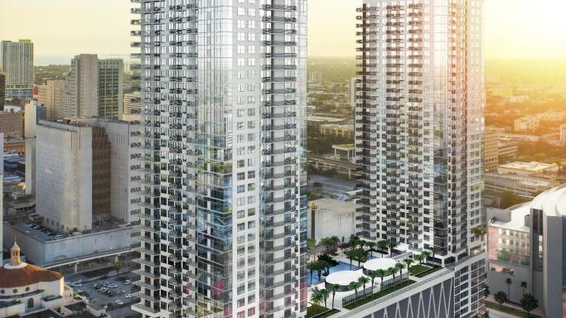 A rendering shows the 43-story Seventh Street Apartments (left), a rental tower that is part of the Miami Worldcenter project. The apartment tower recently received an $89 million construction loan.