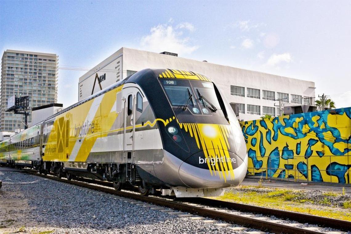 One of Brightline’s trains taking a test run through Miami’s Design District last week.