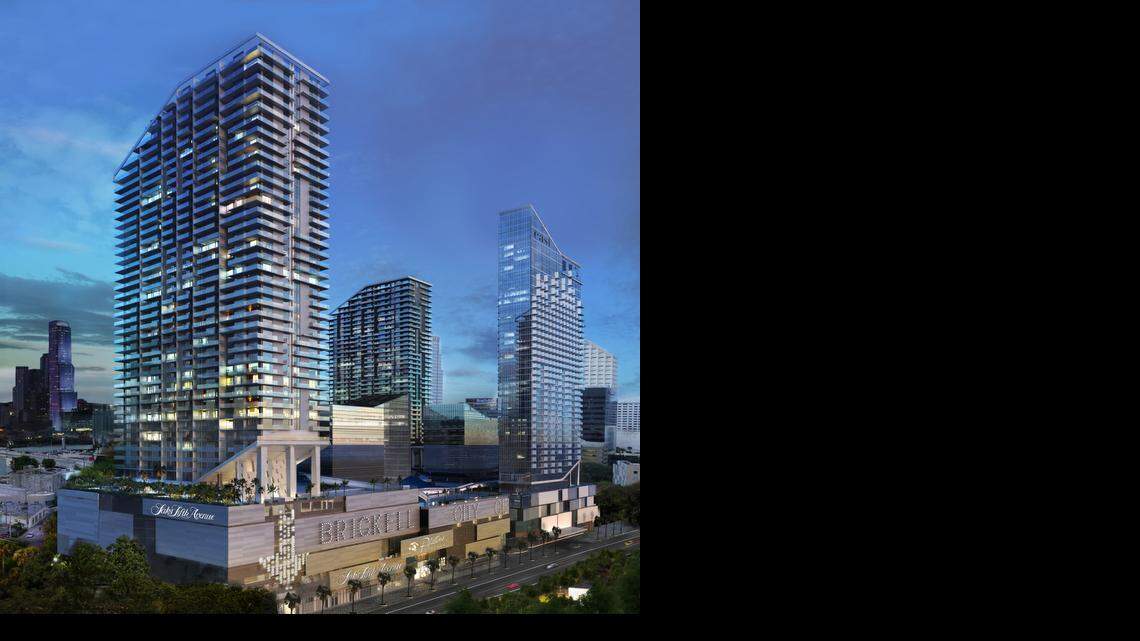 
A rendering of Brickell City Centre, the massive downtown project by Swire Properties Inc. Sales are launching Wednesday for units at Rise, a condo tower, shown in the forefront. EAST, Miami Hotel is on the right, and Reach condo tower is in the far back.

