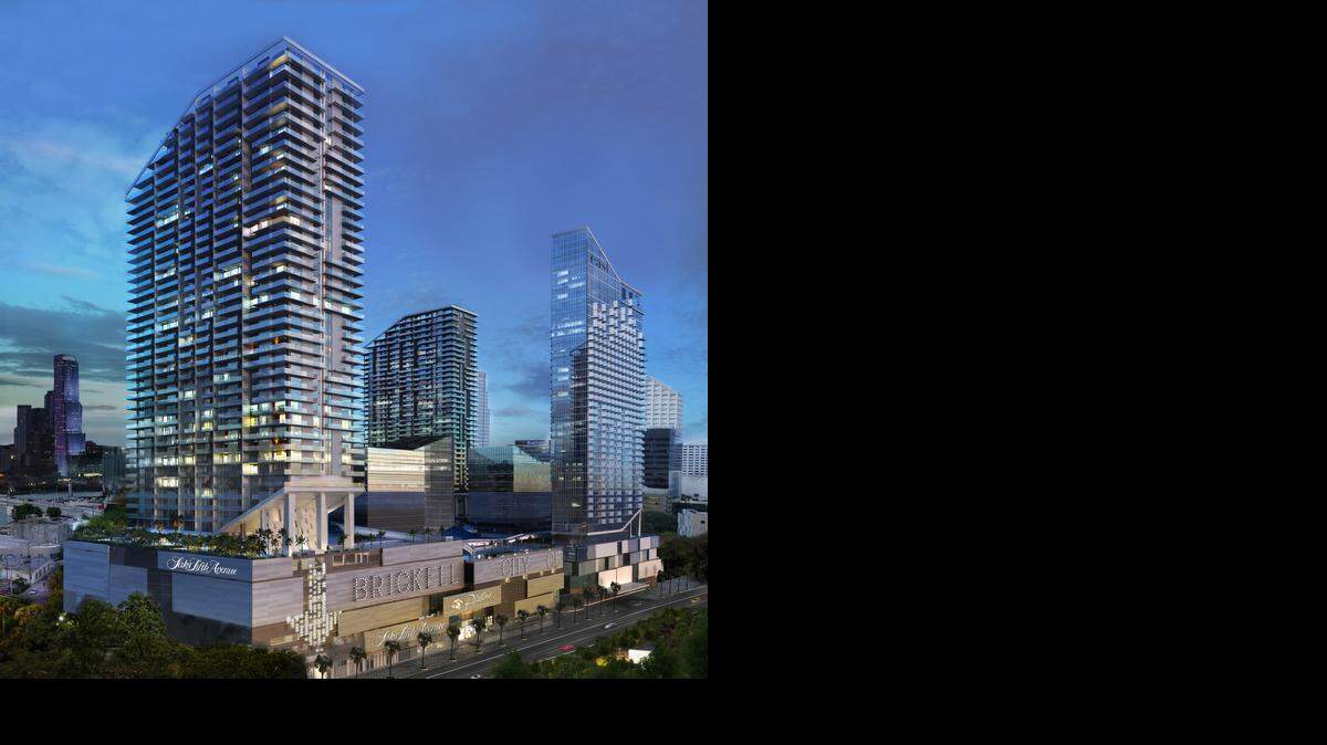 
A rendering of Brickell City Centre, the massive downtown project by Swire Properties Inc. Sales are launching Wednesday for units at Rise, a condo tower, shown in the forefront. EAST, Miami Hotel is on the right, and Reach condo tower is in the far back.
