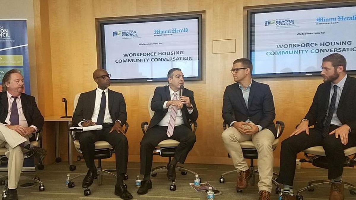 Panelists at the Feb. 23 workforce housing community conversation, arranged by the Miami Herald and hosted by the Miami-Dade Beacon Council, were, from left, Ned Murray, co-director, FIU Metropolitan Center; Jason T. Smith, director for Miami-Dade Commissioner Daniella Levine Cava; Alberto Milo, senior vice president, Related Urban Development; Andrew Frey, founder and principal, Tecela real-estate development and Stuart Kennedy, director of program strategy and innovation, The Miami Foundation.