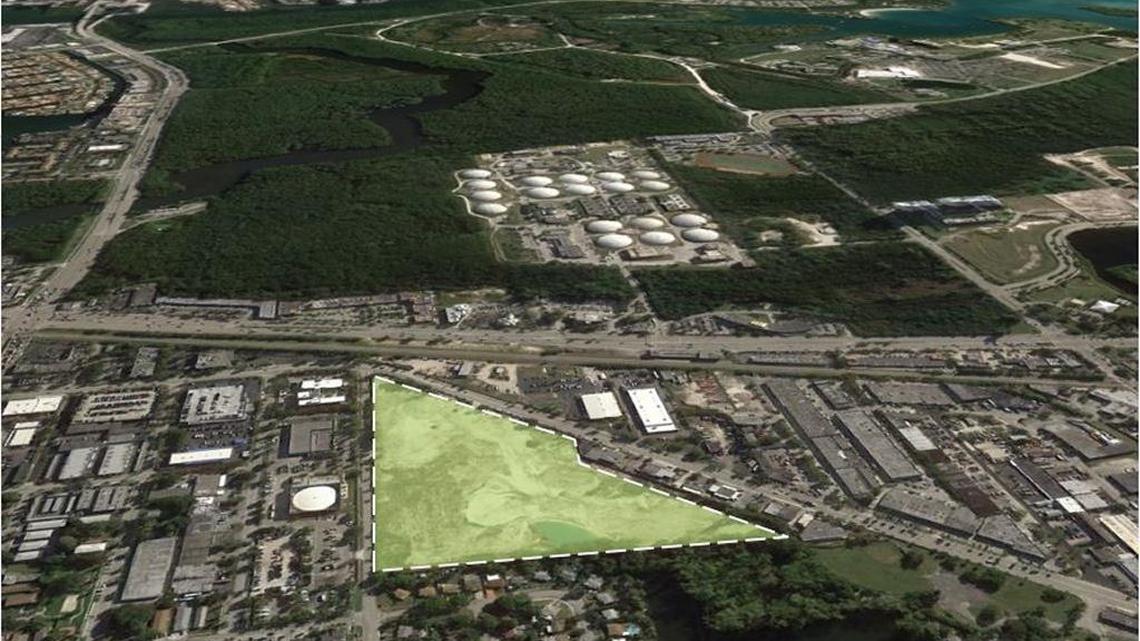 
The 17.7-acre parcel for sale in North Miami Beach is shown here highlighted in green. It sits at the intersection of West Dixie Highway and Northeast 159th Street near Biscayne Boulevard.
