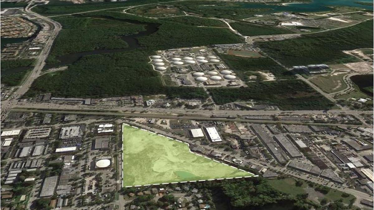 
The 17.7-acre parcel for sale in North Miami Beach is shown here highlighted in green. It sits at the intersection of West Dixie Highway and Northeast 159th Street near Biscayne Boulevard.
