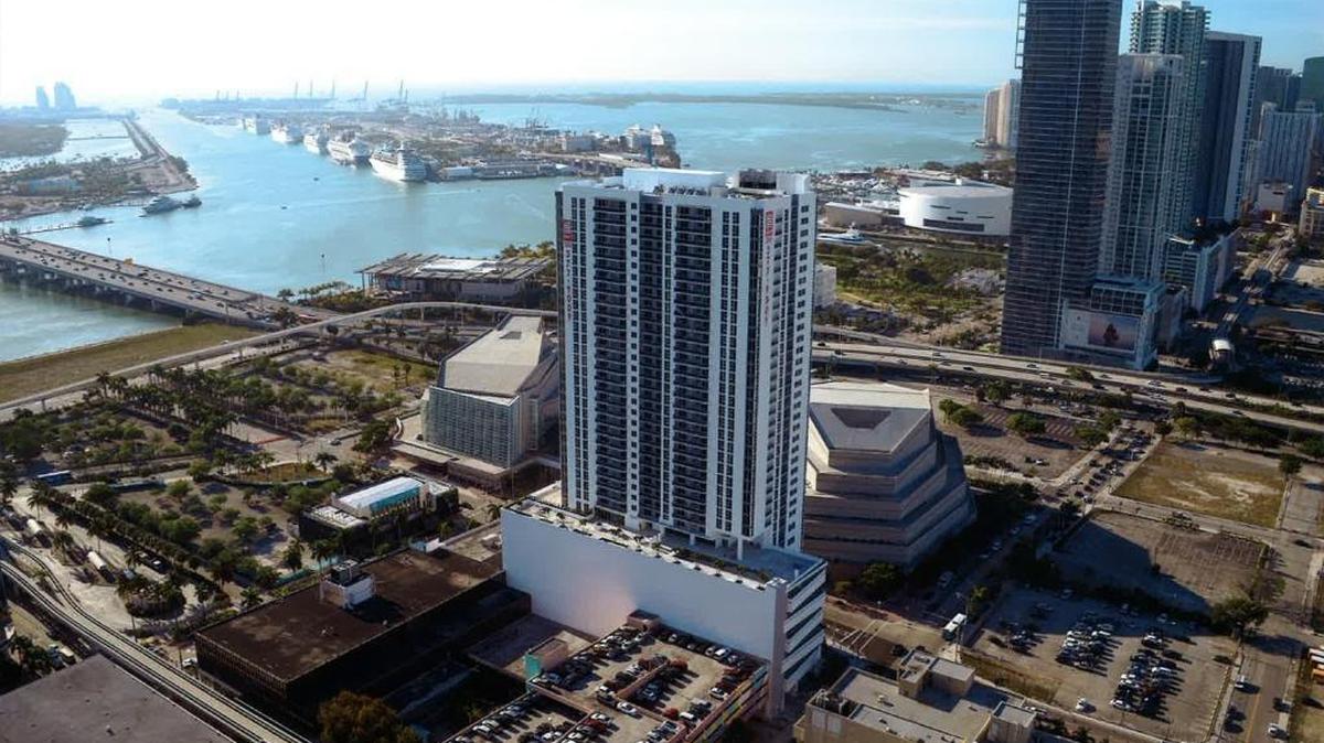 An aerial view of the Melo Group’s recently completed Melody Tower in Miami’s Edgewater neighborhood.