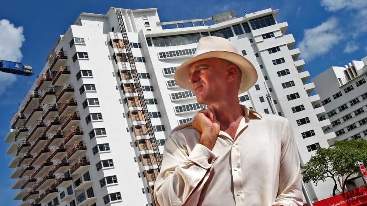 Developer Alan Faena stands outside his sales center on Miami Beach in front of the historic Saxony Hotel, which he is renovating and expanding; his planned Faena District spans both sides of Collins Avenue at 32nd Street. This is a file photo from 2013.