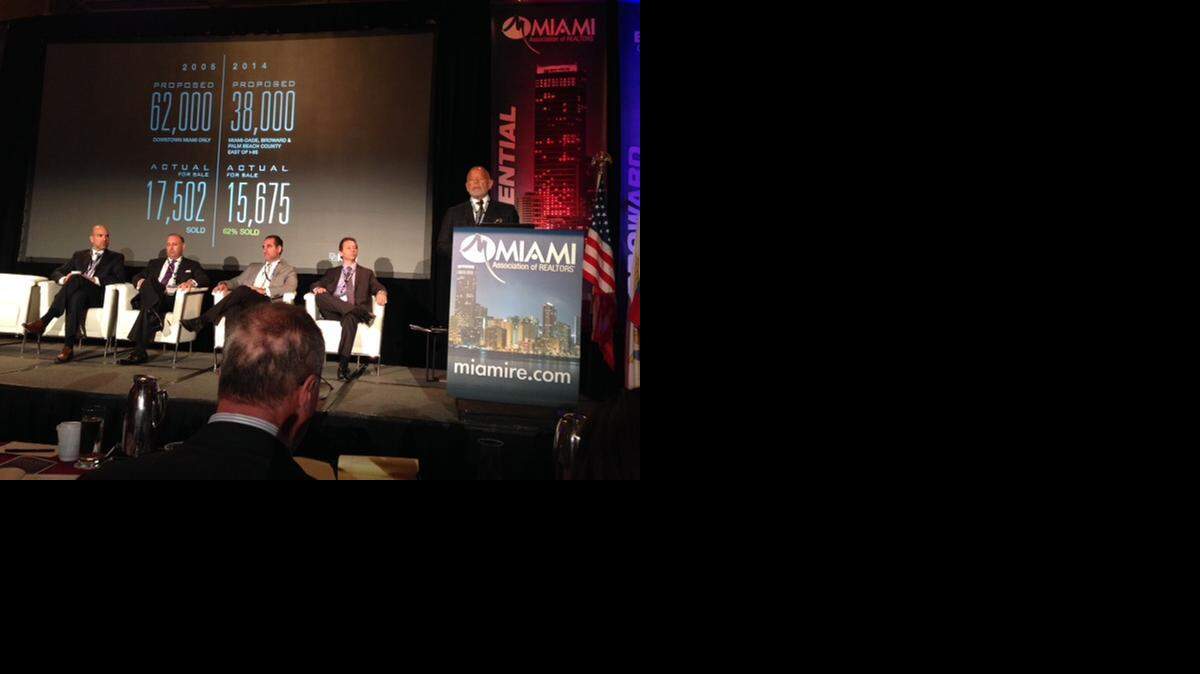
ISG principal Philip Spiegelman moderates a panel of developers at the Miami International Real Estate Congress Monday. From left, Harvey Hernandez, of Newgard Development; Reid J. Boren, of Eastview Development LLC; Louis Birdman, who is developing One Thousand Museum; and Fernando Levy Hara, of Mckafka Development Group.
