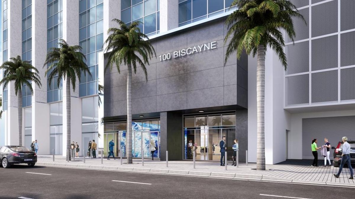 The white columns and glass surfaces of the exterior of downtown Miami’s New World Tower will be restored. The building will be renamed 100 Biscayne.