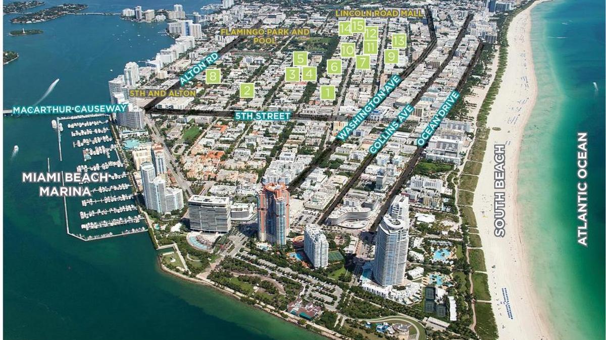 An aerial map shows the portfolio of 15 apartment buildings in South Beach that sold for $59 million on Wednesday.