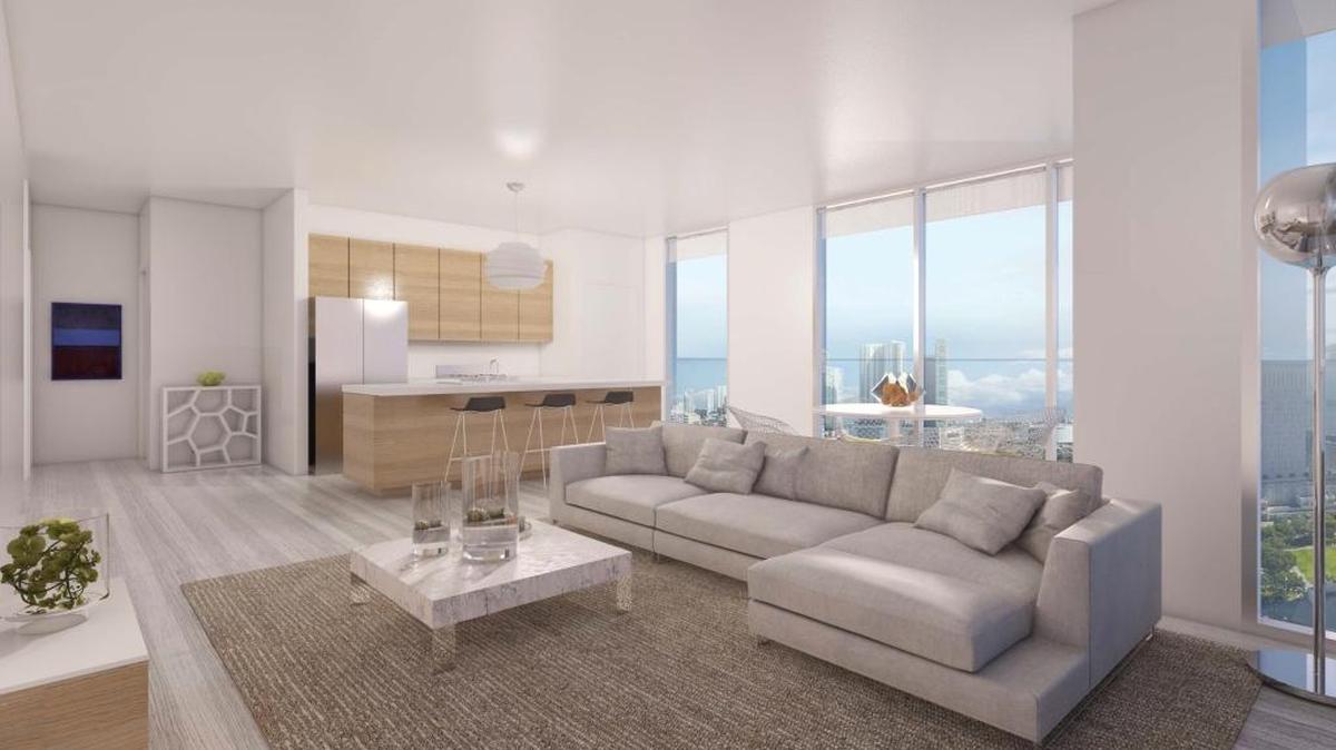 An interior of a planned unit at MiamiCentral, the Brightline rail hub under construction in downtown Miami.