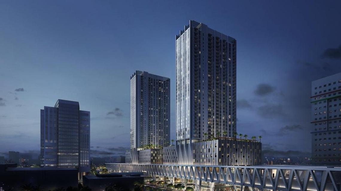 Architectural renderings of the two apartment towers planned for the MiamiCentral station in downtown in 2019 by developer Florida East Coast Industries.