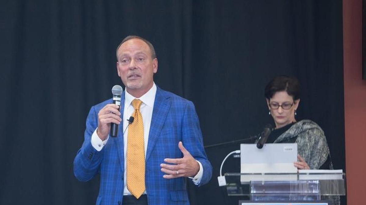 Steve Patterson, president and CEO of Related Development, at a Friday panel on Doral real estate produced by the Miami Herald. In the background, Miami Herald Business Editor Jane Wooldridge.