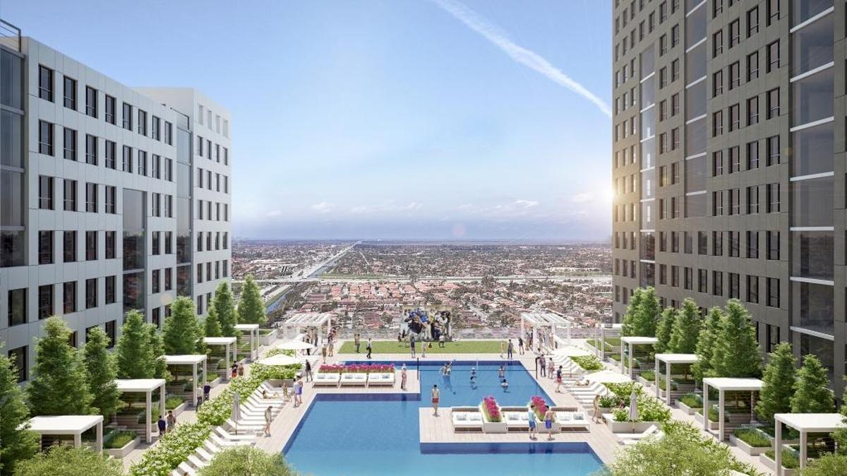An architectural rendering by Arquitectonica of the pool area at the University Bridge Residences. The building, which will cater exclusively to FIU students and staff, will offer amenities such as a larger-than-usual gym, pool and communal study areas.