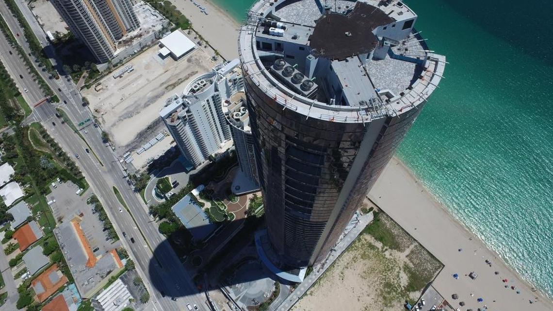 An aerial photograph of the Porsche Design Tower in Sunny Isles Beach. The project is set to open in the first quarter of 2017.