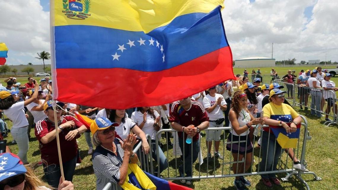 Protesters demonstrate over conditions in Venezuela at Doral Central Park, Saturday, April 29, 2017.
