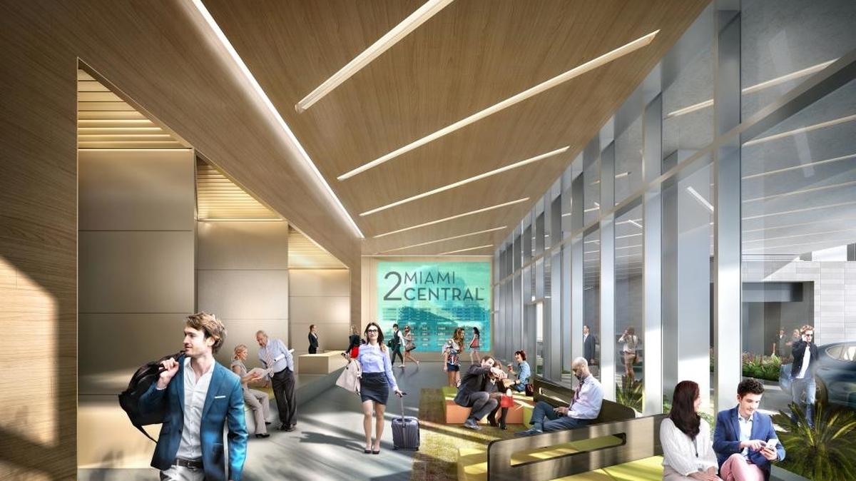 A rendering of the lobby at Two MiamiCentral. The latest tenants at the 10-floor office space will be Cisneros and Moss & Associates.