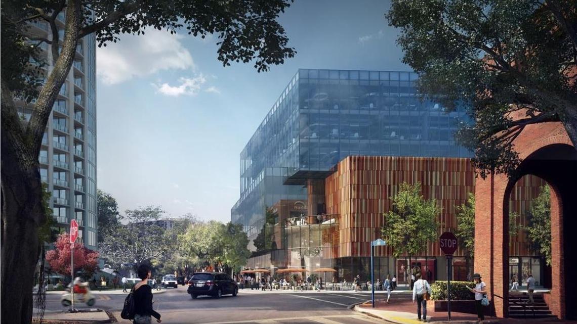 A rendering shows a planned office building that will replace the city’s Oak Avenue parking garage.
