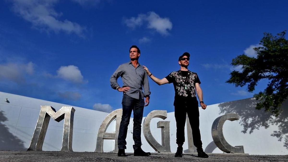 Bob Zangrillo and Tony Cho at their Magic City Sculpture Garden on Tuesday. They are the masterminds of a new innovation district underway in Little Haiti. The art is by Laura Kimpton and was commissioned by Zangrillo and Cho. It was first shown at the Burning Man festival this year.