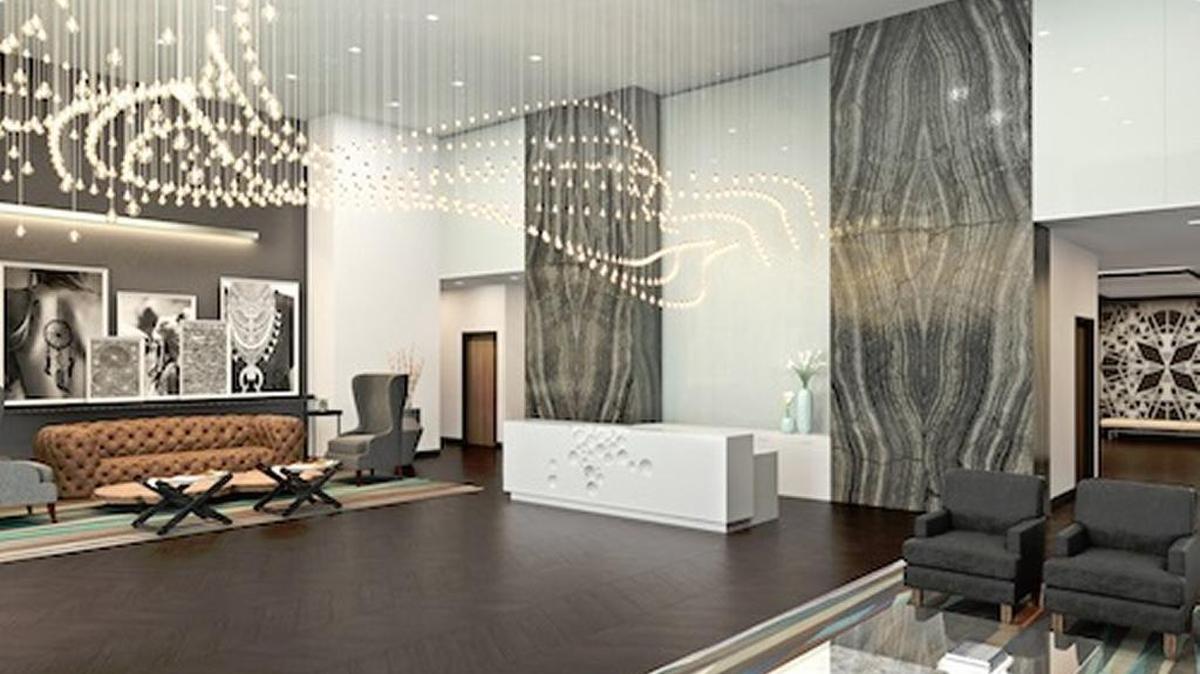 A rendering shows a “tribal chic” design concept for the rental tower at Met Square. While supposedly inspired by South Florida’s Tequesta tribe, the artwork seems more reminiscent of the Navajo