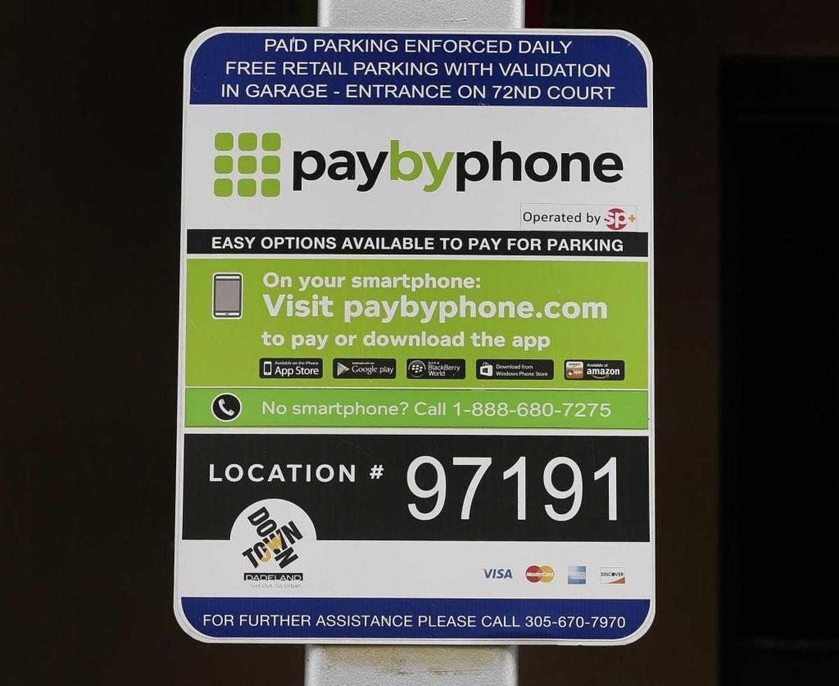 A PayByPhone sign across the street from Dadeland Mall. Miami has the highest utilization of the app, which is available worldwide, than any other city in North America.