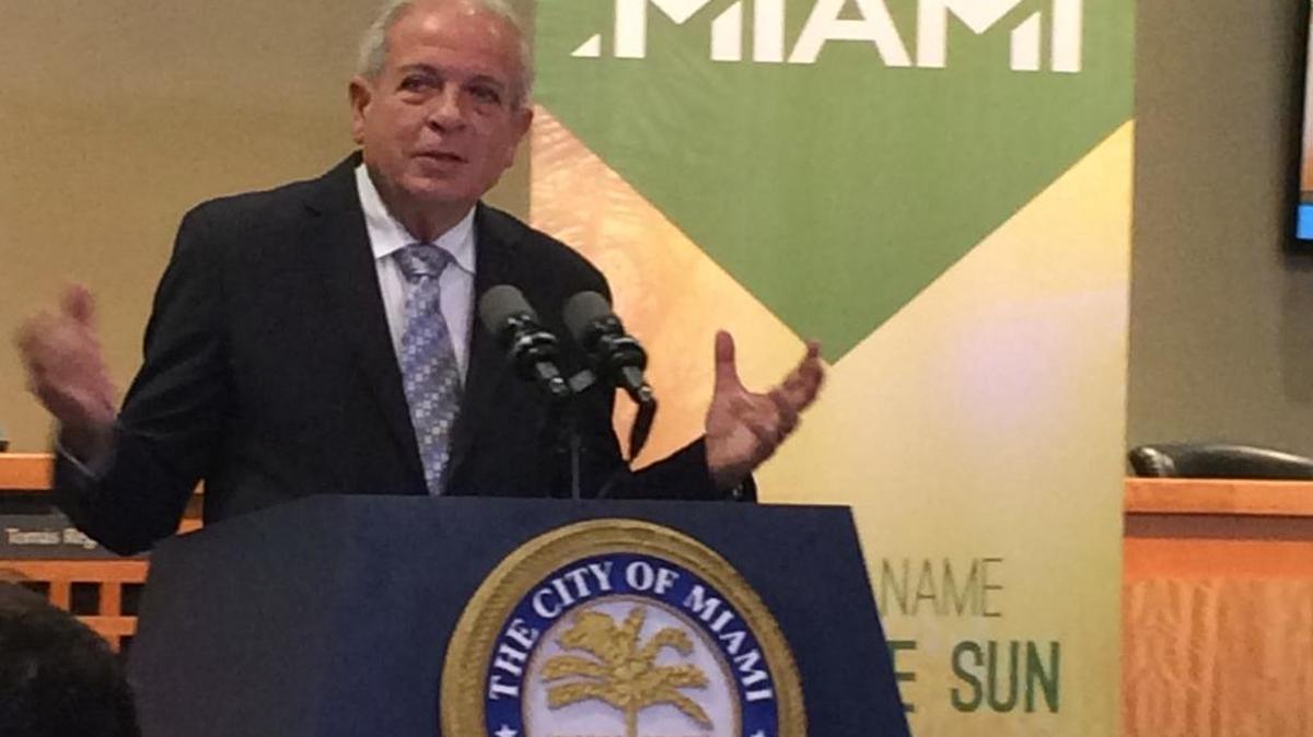 
Miami Mayor Tomás Regalado talks about the launch of the .MIAMI domain on Thursday during a press conference at Miami City Hall. 
