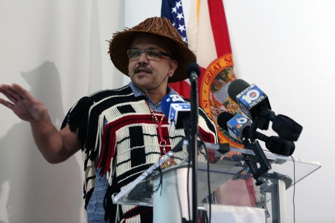 Councilman Fred Lane, Indian name Sul-ka-dub, of the Lummi Nation, talks during a press conference at Philip Levine’s campaign headquarters in Wynwood to call for the release of Lolita, the killer whale at Miami Seaquarium, on Tuesday, March 13, 2018.