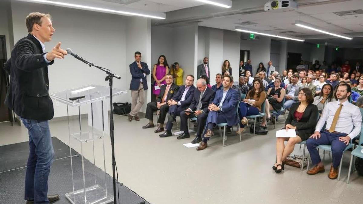 LaunchCode founder Jim McKelvey speaks at Miami Dade College during the launch of the apprenticeship program last year.